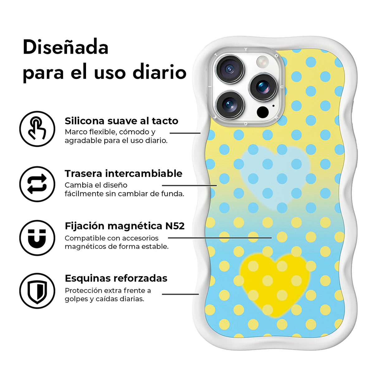 YOUNGKIT Funda CHD4 Sweetheart Wavy para iPhone 16 Pro Compatible con MagSafe, Marco de Silicona y Trasera Removible, Crema Azul, Blanco Cloud Dance