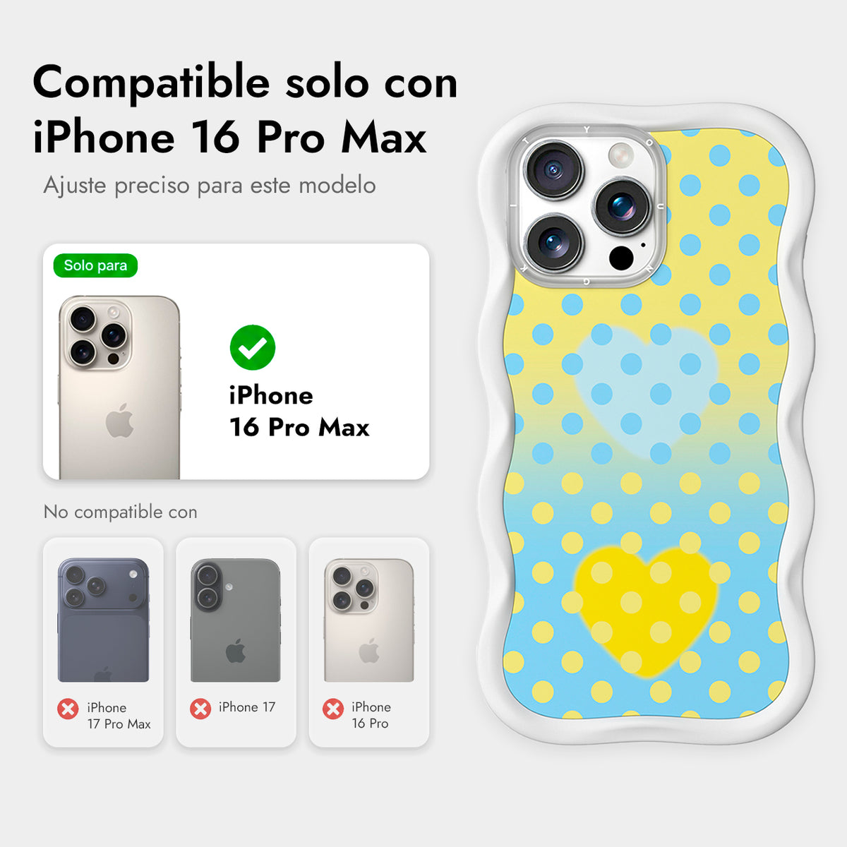 YOUNGKIT Funda CHD4 Sweetheart Wavy para iPhone 16 Pro Max Compatible con MagSafe, Marco de Silicona y Trasera Removible, Crema Azul, Blanco Cloud Dance