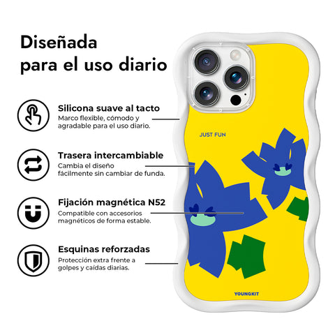 YOUNGKIT Funda CHD4 Floral Wavy para iPhone 16 Pro Compatible con MagSafe, Marco de Silicona y Trasera Removible, Iris Morado, Blanco Cloud Dance
