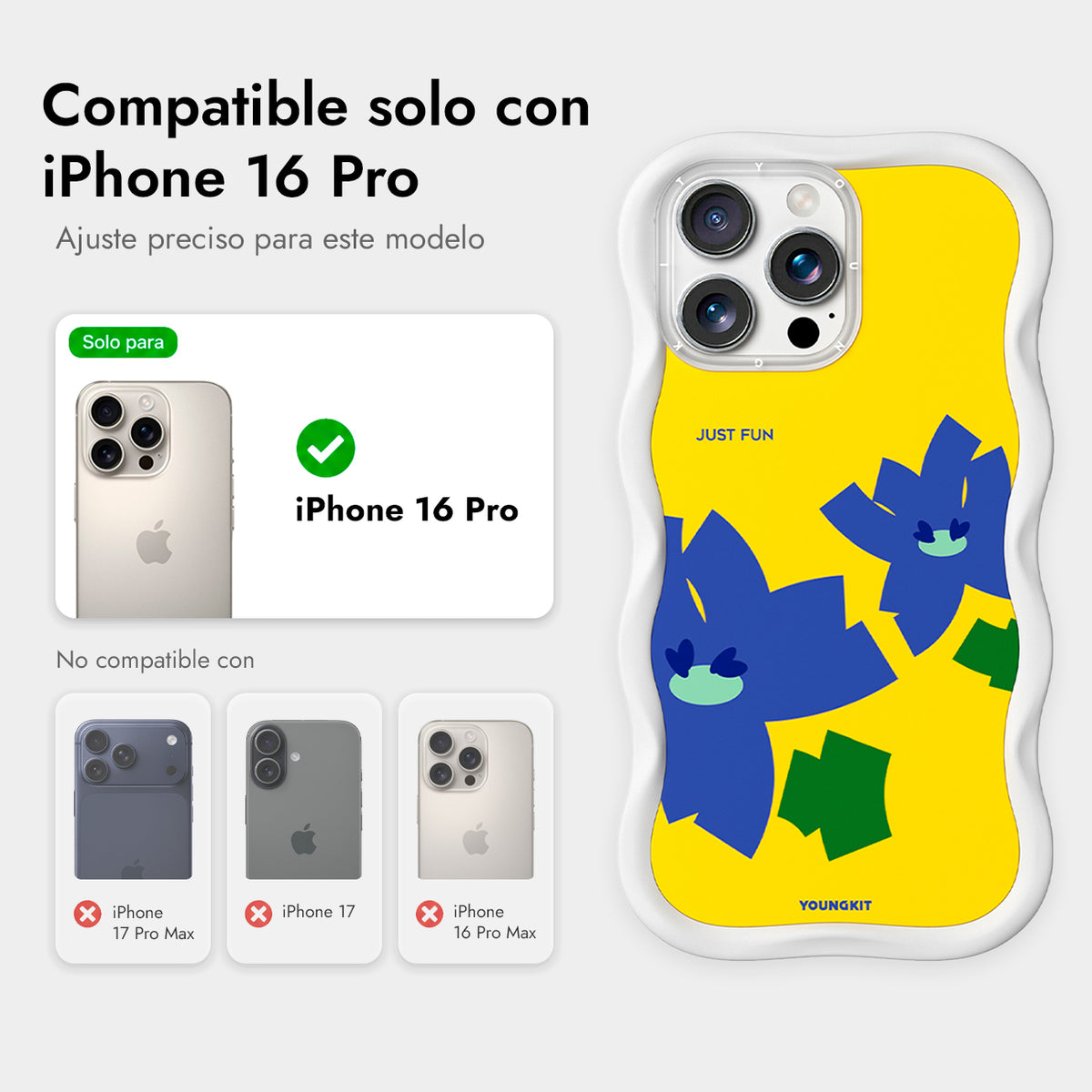 YOUNGKIT Funda CHD4 Floral Wavy para iPhone 16 Pro Compatible con MagSafe, Marco de Silicona y Trasera Removible, Iris Morado, Blanco Cloud Dance