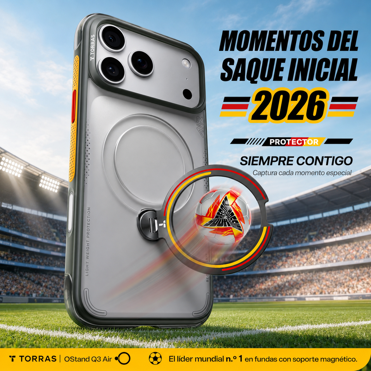 TORRAS Funda Ostand Q3 Air Football Limited con Soporte para iPhone 17 Pro Max/18 Pro Max Compatible con MagSafe, Iron Germany