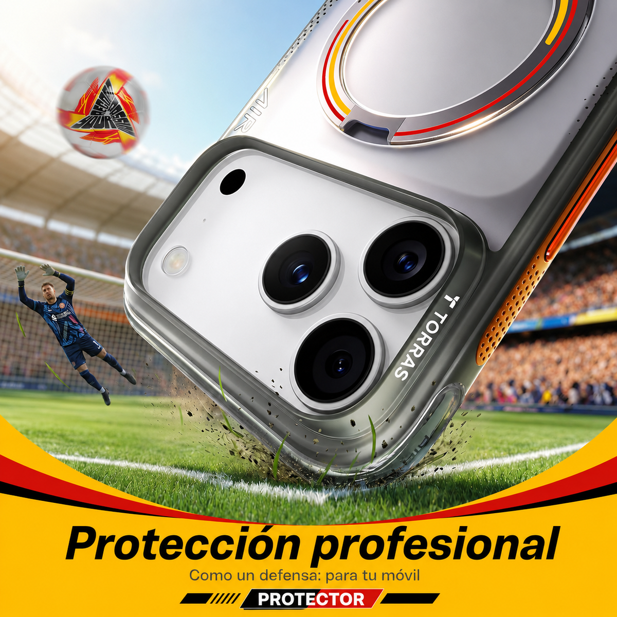 TORRAS Funda Ostand Q3 Air Football Limited con Soporte para iPhone 17 Pro/18 Pro Compatible con MagSafe, Iron Germany