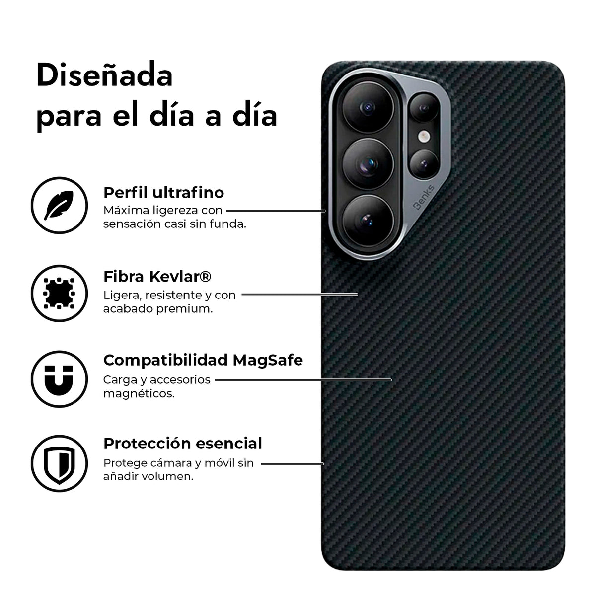 Benks Funda ArmorAir de Fibra de Aramida Kevlar 600D para Galaxy S26 Ultra con Anillo Magnético, Negro