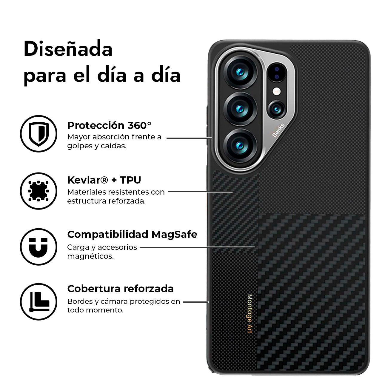 Benks Funda ArmorPro Montage de Fibra de Aramida Kevlar para Galaxy S26 Ultra con Anillo Magnético, Negro
