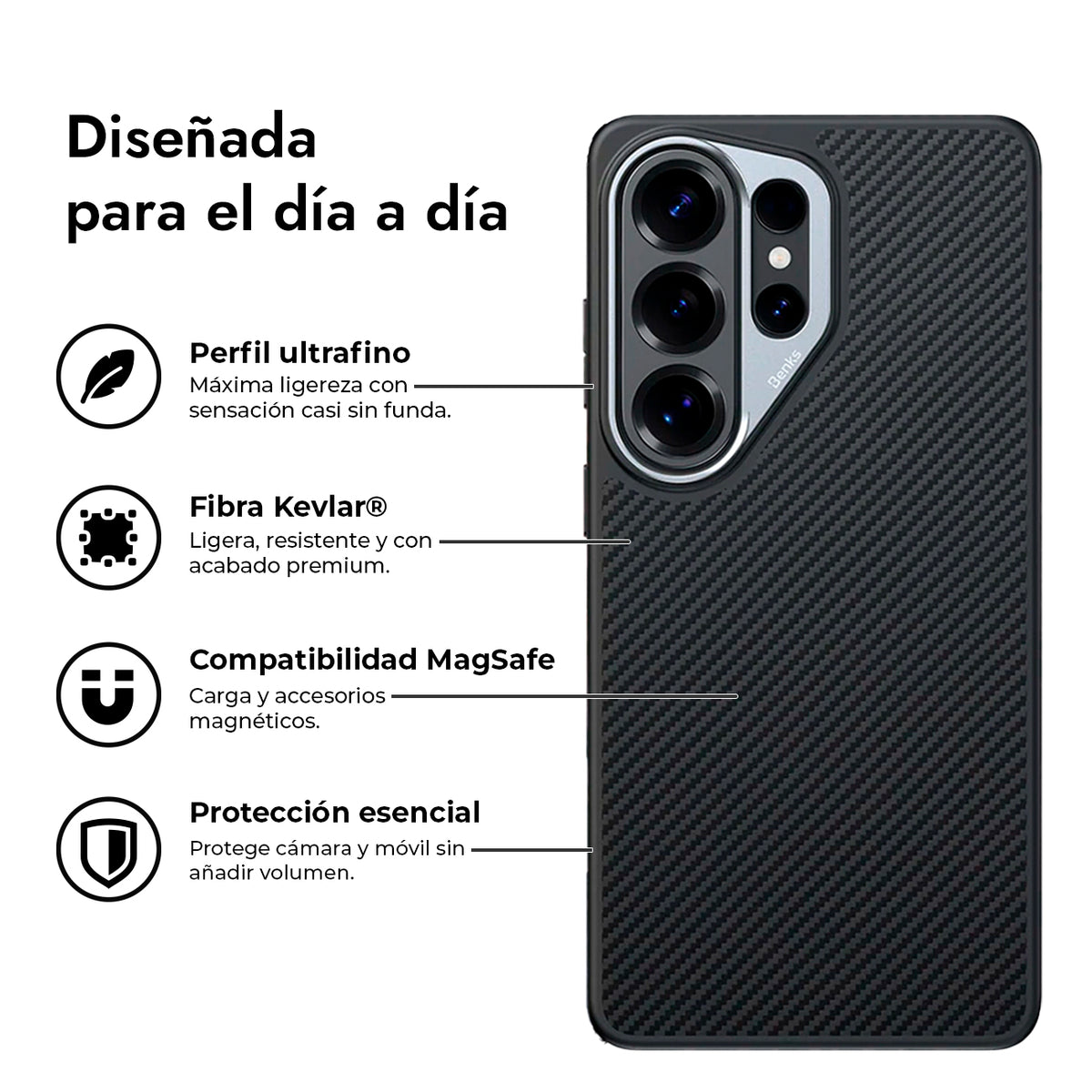Benks Funda ArmorPro de Fibra de Aramida Kevlar 600D para Galaxy S26 Ultra con Anillo Magnético, Negro