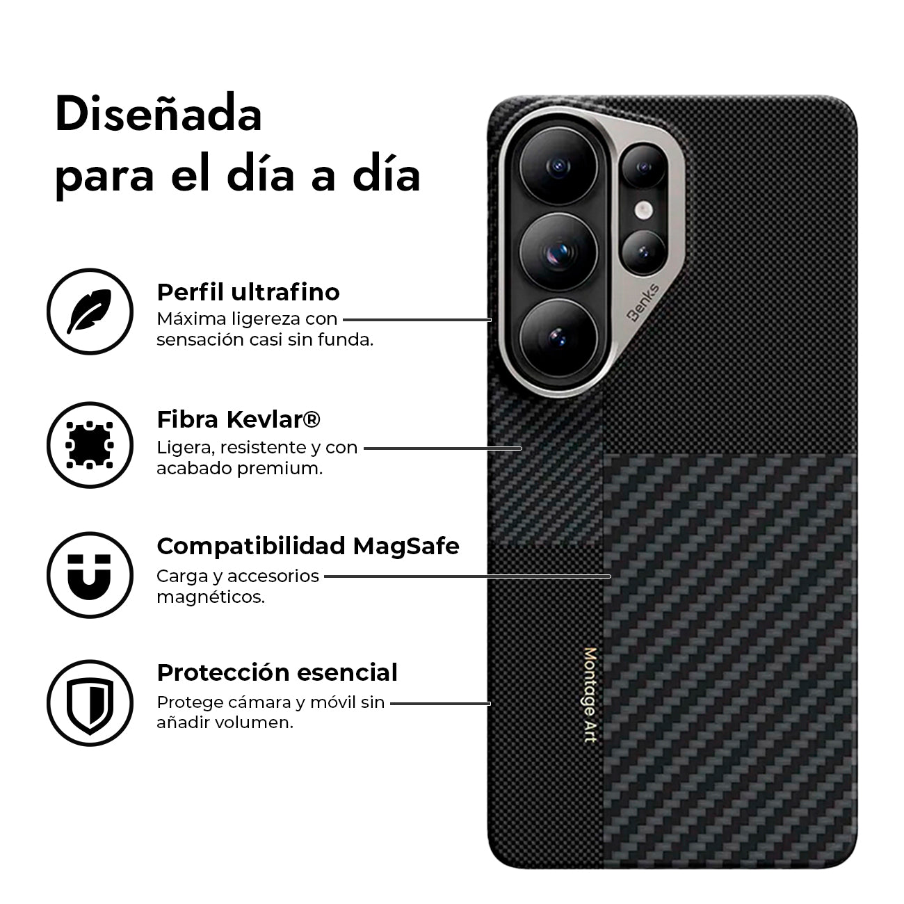 Benks Funda ArmorAir Montage de Fibra de Aramida Kevlar para Galaxy S26 Ultra con Anillo Magnético, Negro