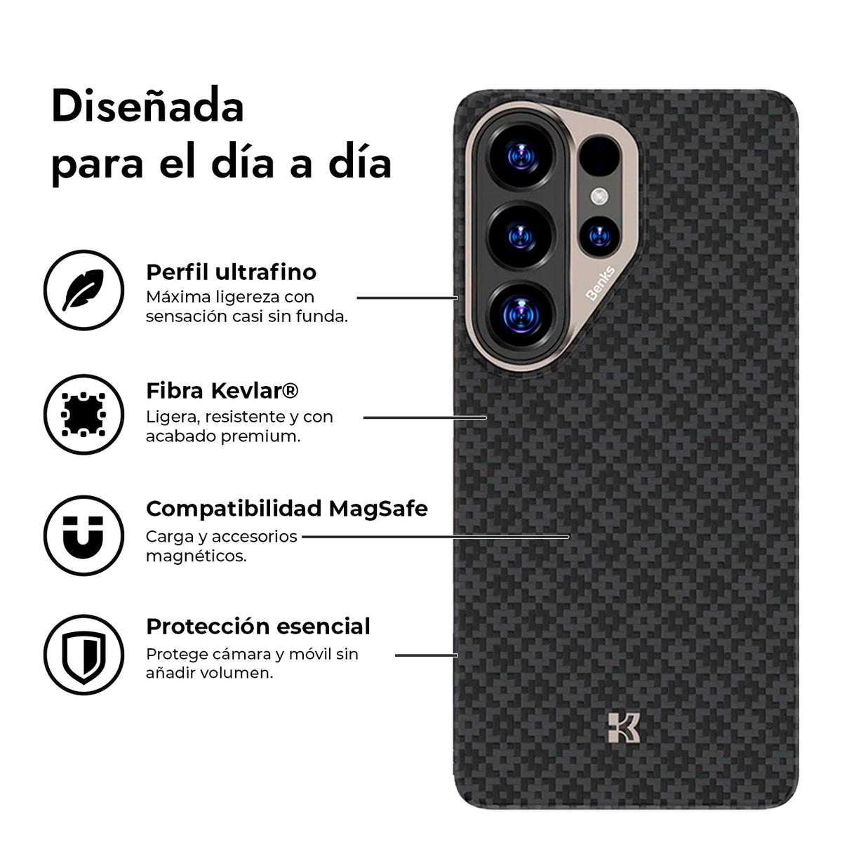 Benks Funda ArmorAir ArmorGrid de Fibra de Aramida Kevlar para Galaxy S26 Ultra con Anillo Magnético, Negro Obsidiana