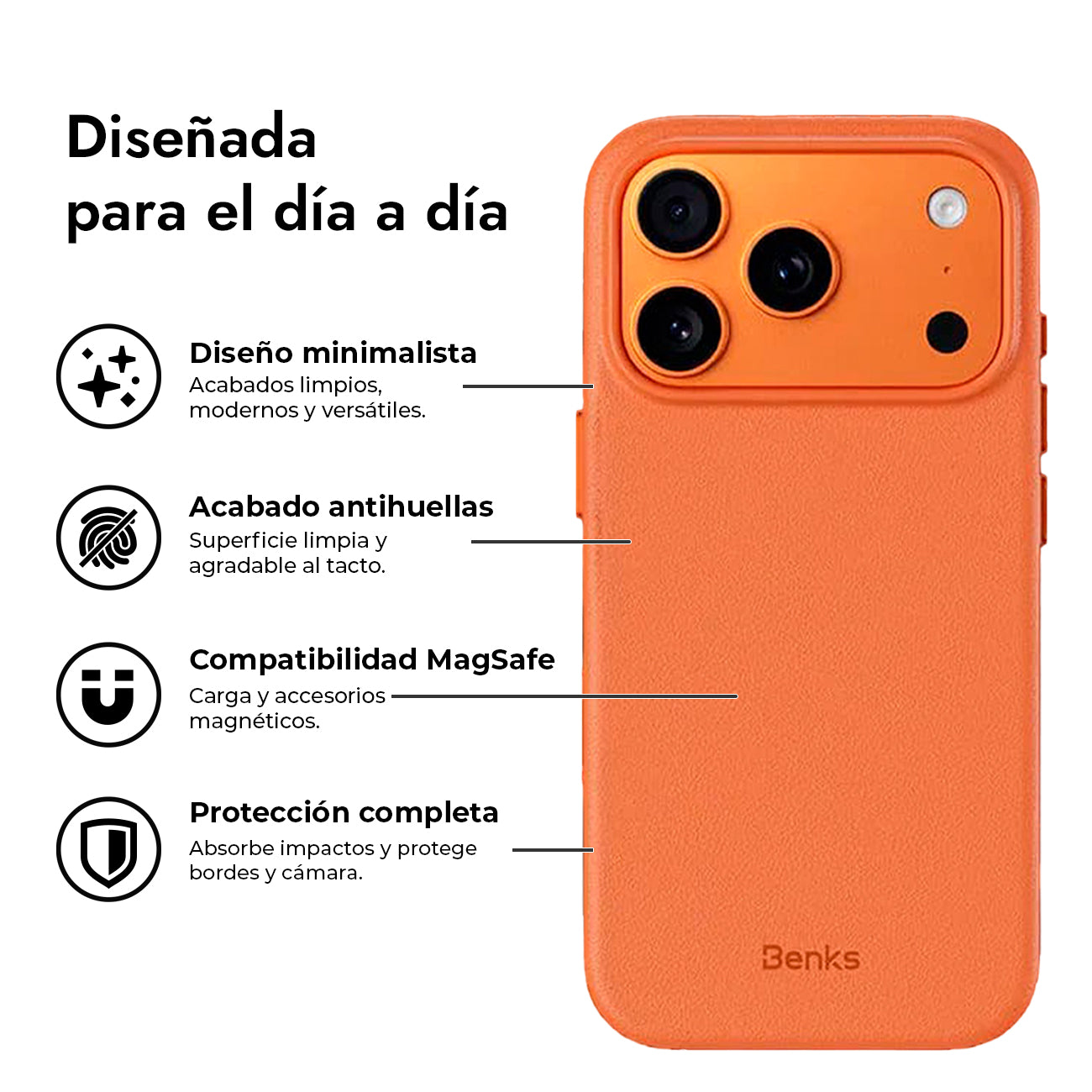 Benks Funda de Acabado Tipo Piel para iPhone 17 Pro/18 Pro Compatible con MagSafe, Naranja
