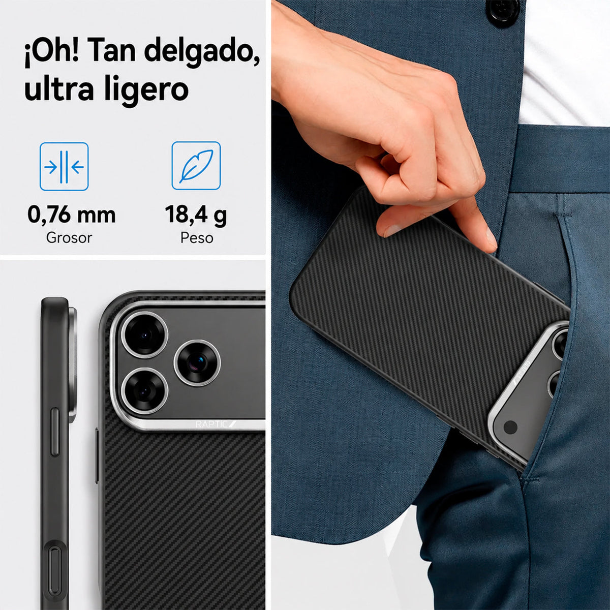 RAPTIC Funda de Fibra de Aramida 600D para iPhone 17 Pro/18 Pro Compatible con MagSafe, Negro