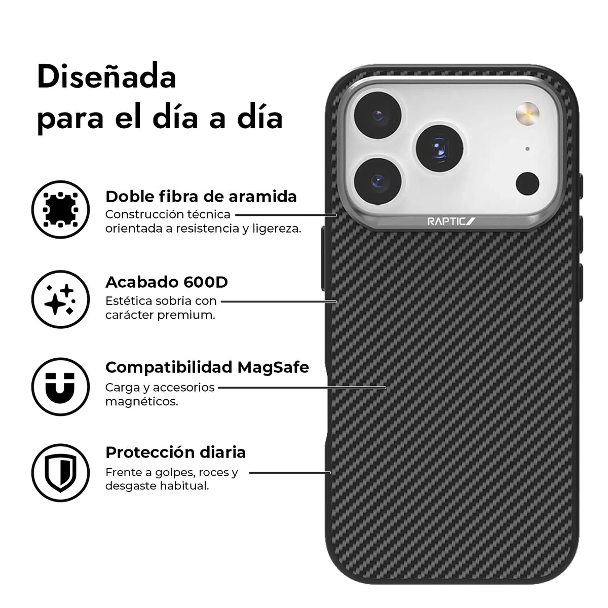 RAPTIC Funda de Fibra de Aramida 600D para iPhone 17 Pro/18 Pro Compatible con MagSafe, Negro