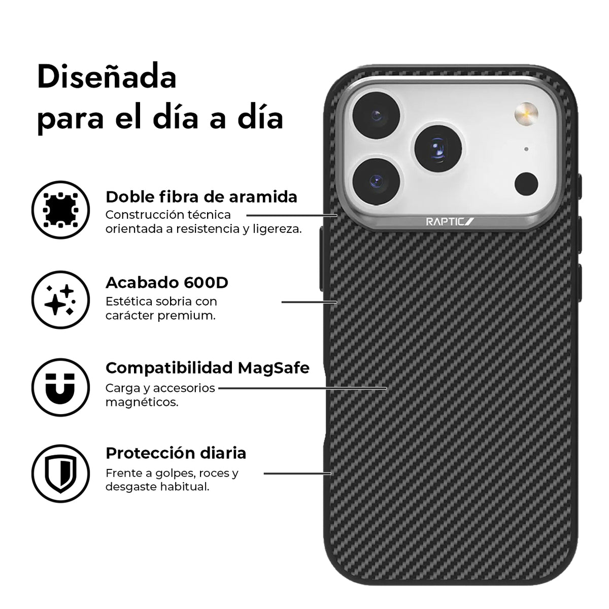 RAPTIC Funda de Fibra de Aramida 600D para iPhone 17 Pro Max/18 Pro Max Compatible con MagSafe, Negro