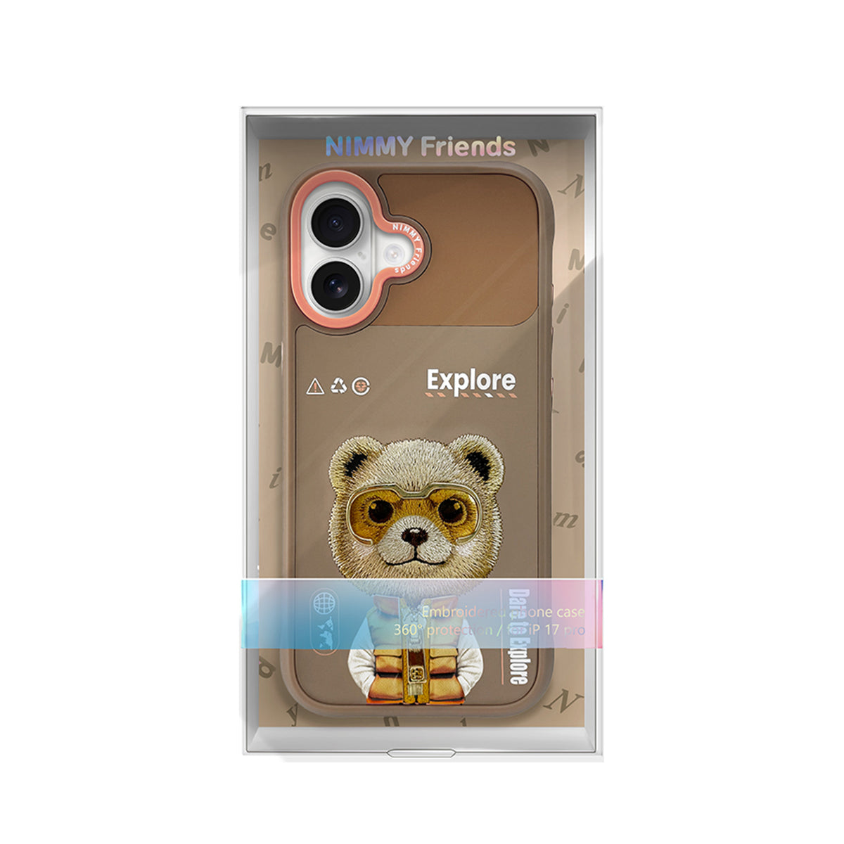 NIMMY Friends Funda Brown Bear Cool & Cute 2.0 para iPhone 16, 3D Bordada Marrón