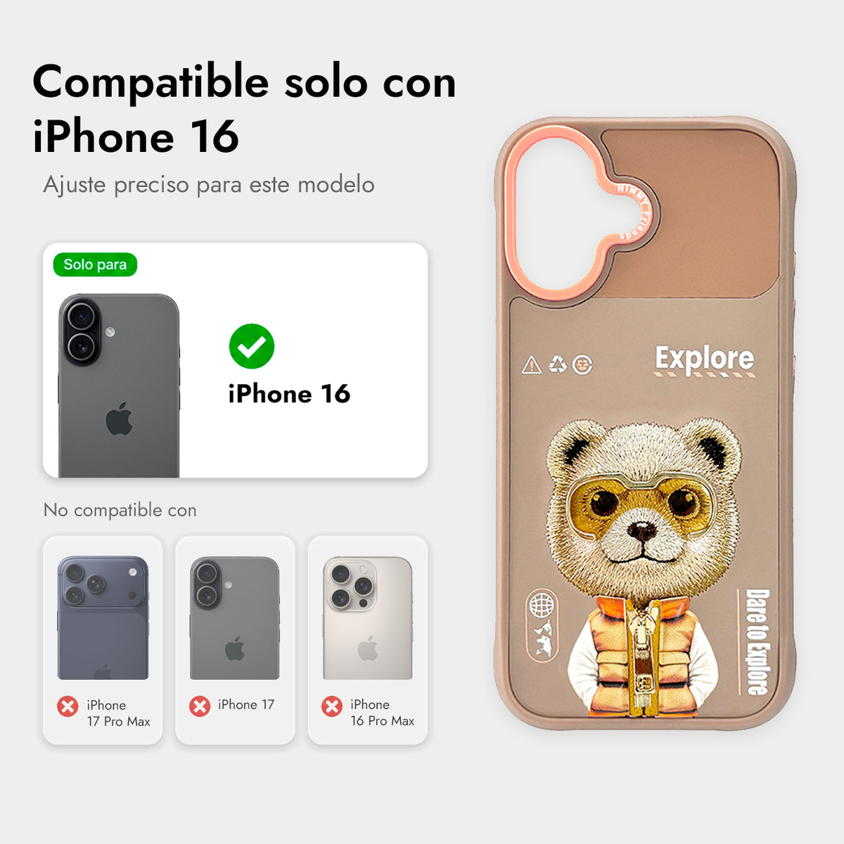 NIMMY Friends Funda Brown Bear Cool & Cute 2.0 para iPhone 16, 3D Bordada Marrón