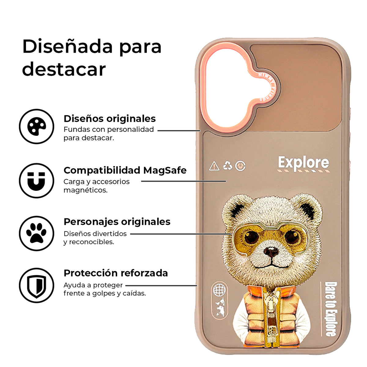 NIMMY Friends Funda Brown Bear Cool & Cute 2.0 para iPhone 16, 3D Bordada Marrón