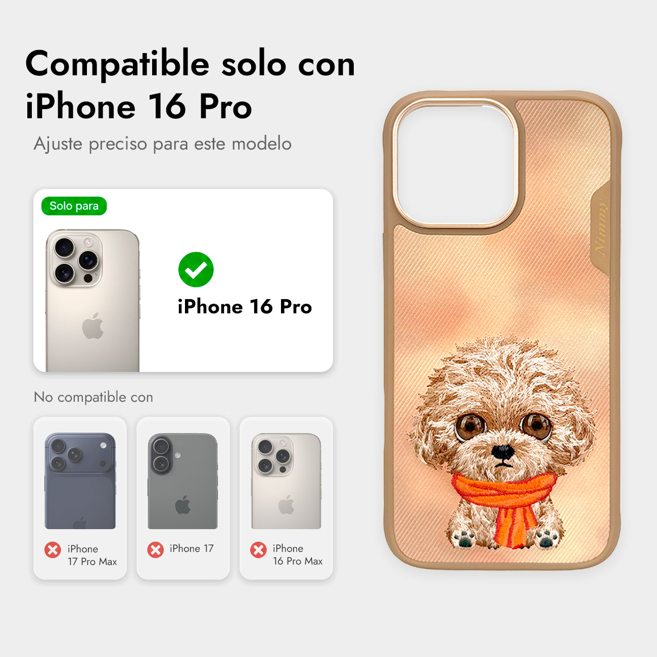 NIMMY Friends Funda New Big-Eye Cute Pets 2.0 para iPhone 16 Pro, 3D Bordada, Brown Poodle
