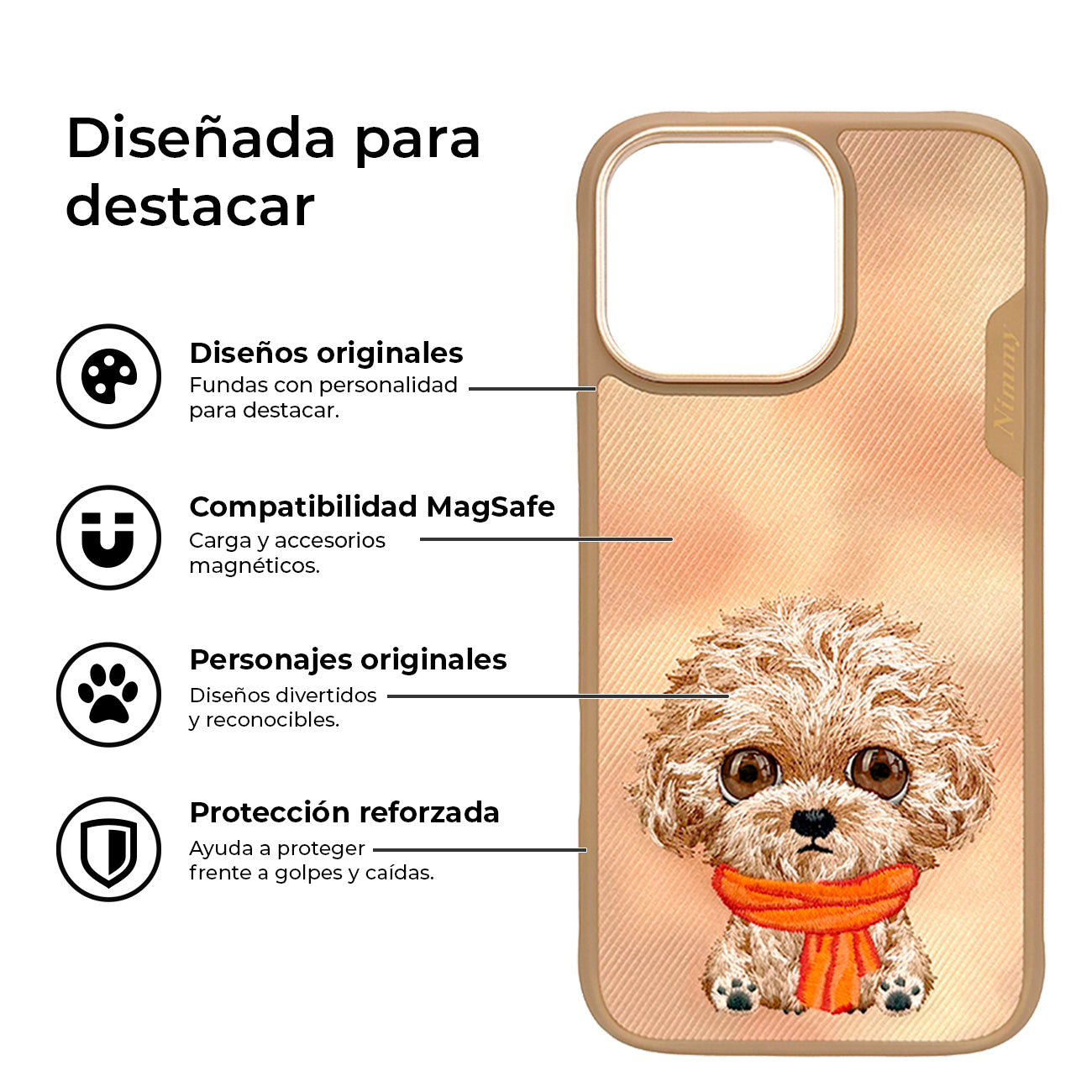 NIMMY Friends Funda New Big-Eye Cute Pets 2.0 para iPhone 16 Pro, 3D Bordada, Brown Poodle