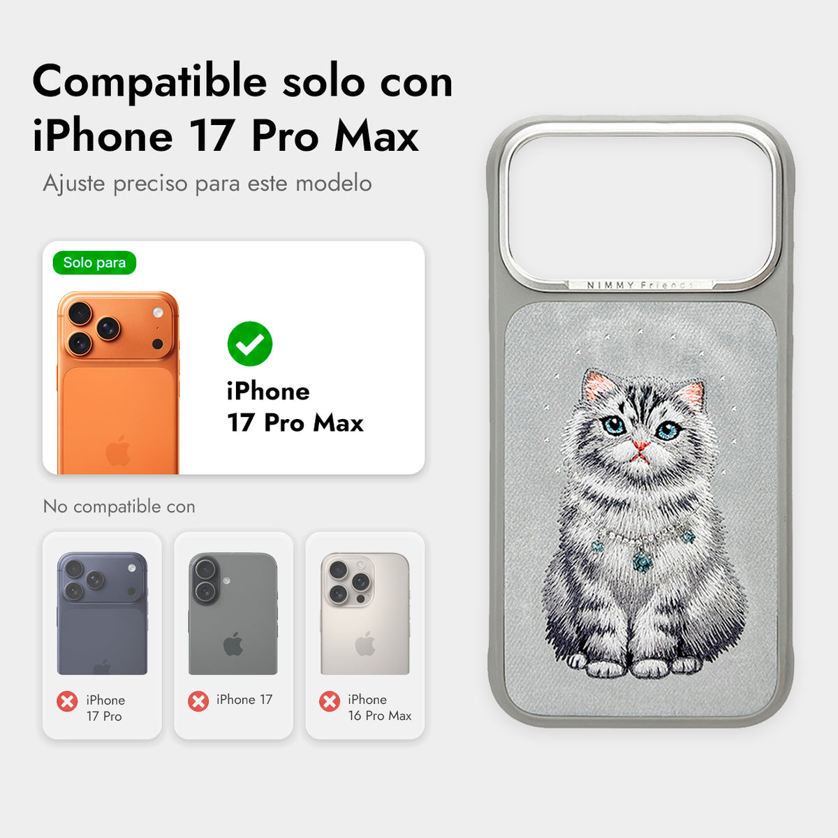 NIMMY Friends Funda Lucky Fashion Series para iPhone 17 Pro Max/18 Pro Max, 3D Bordada, Gray Chinchilla