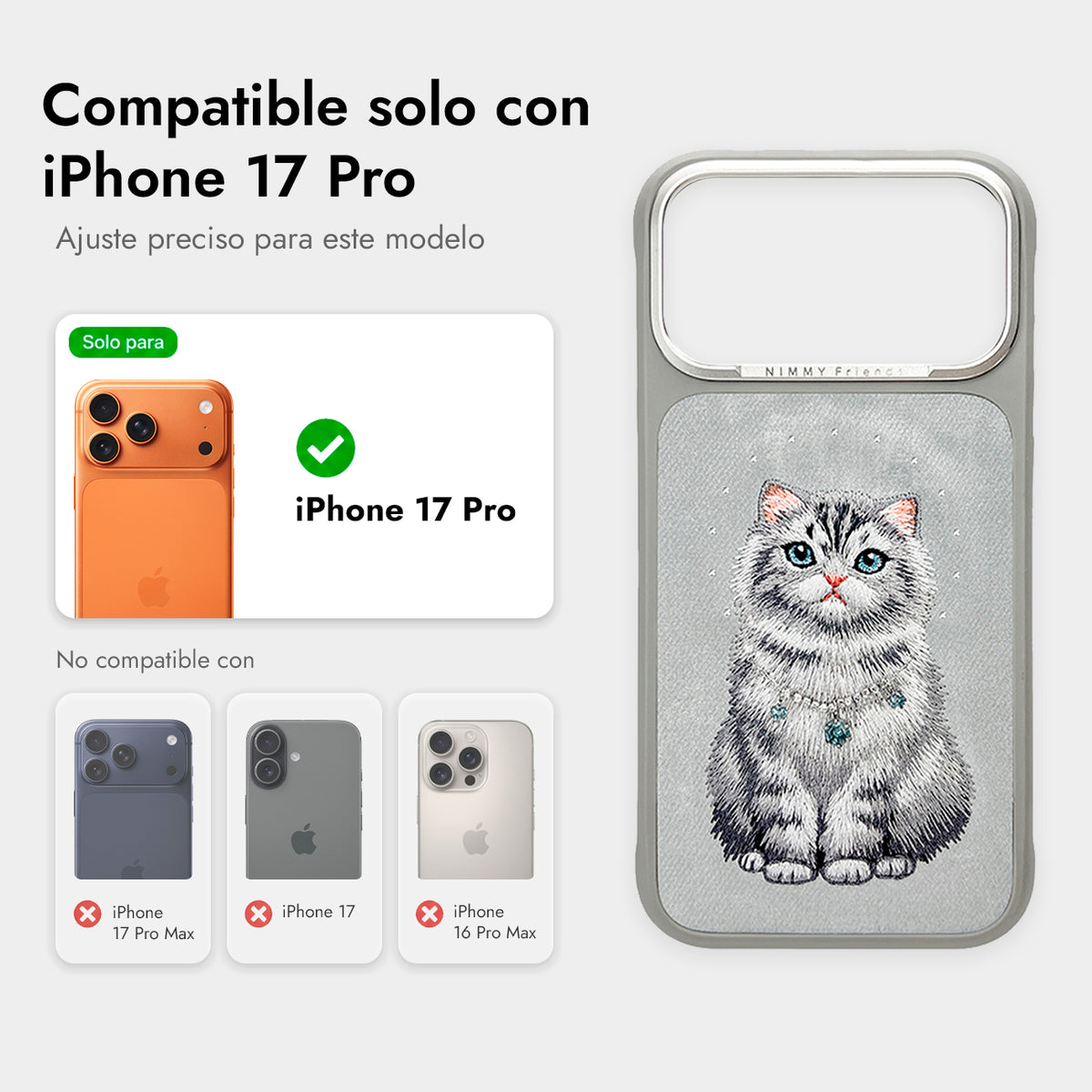 NIMMY Friends Funda Lucky Fashion Series para iPhone 17 Pro/18 Pro, 3D Bordada, Gray Chinchilla