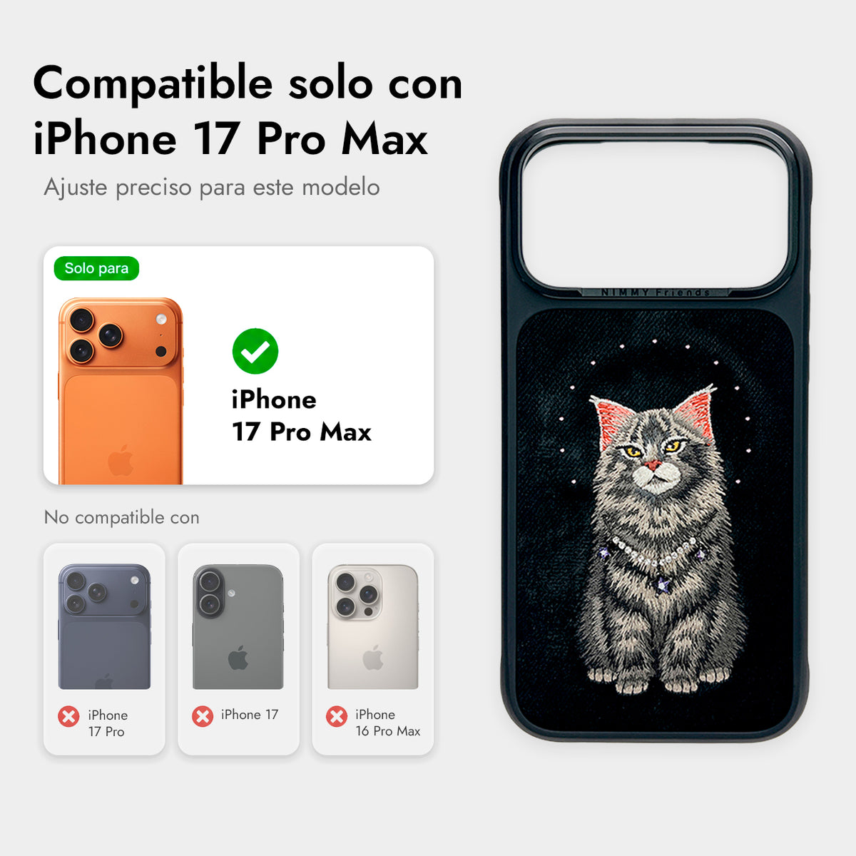 NIMMY Friends Funda Lucky Fashion Series para iPhone 17 Pro Max/18 Pro Max, 3D Bordada, Black Maine