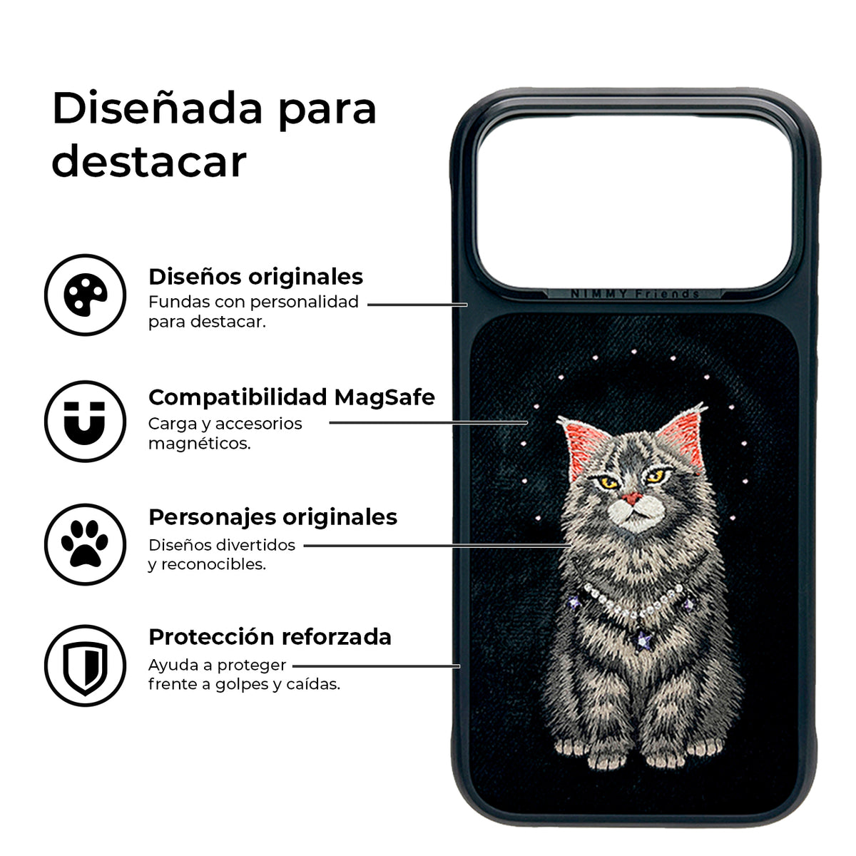 NIMMY Friends Funda Lucky Fashion Series para iPhone 17 Pro Max/18 Pro Max, 3D Bordada, Black Maine