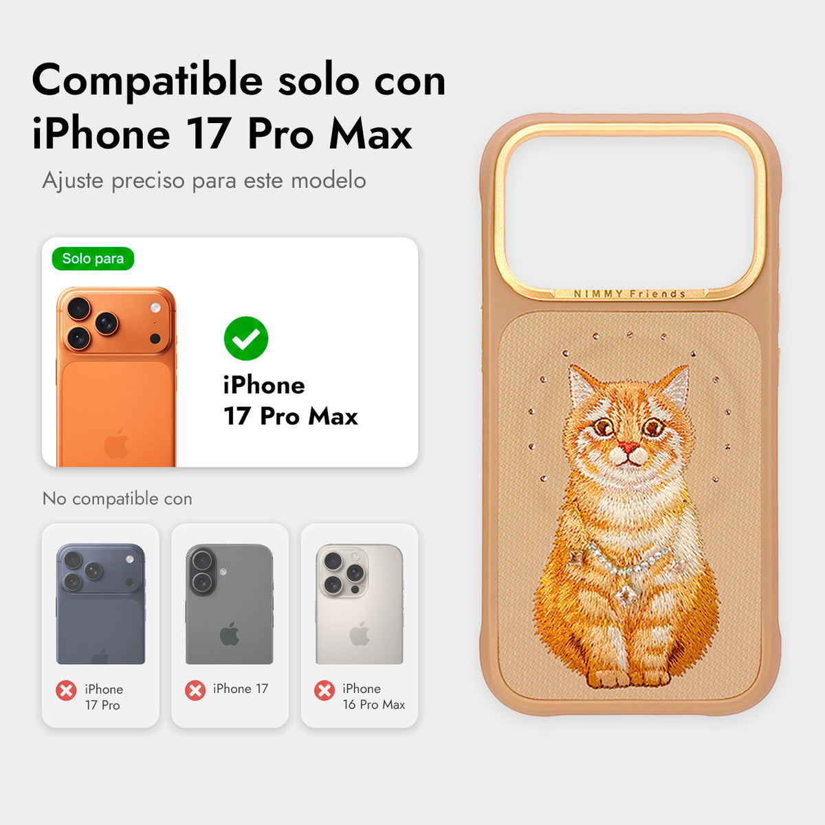 NIMMY Friends Funda Lucky Fashion Series para iPhone 17 Pro Max/18 Pro Max, 3D Bordada, Brown Orange Tabby Cat