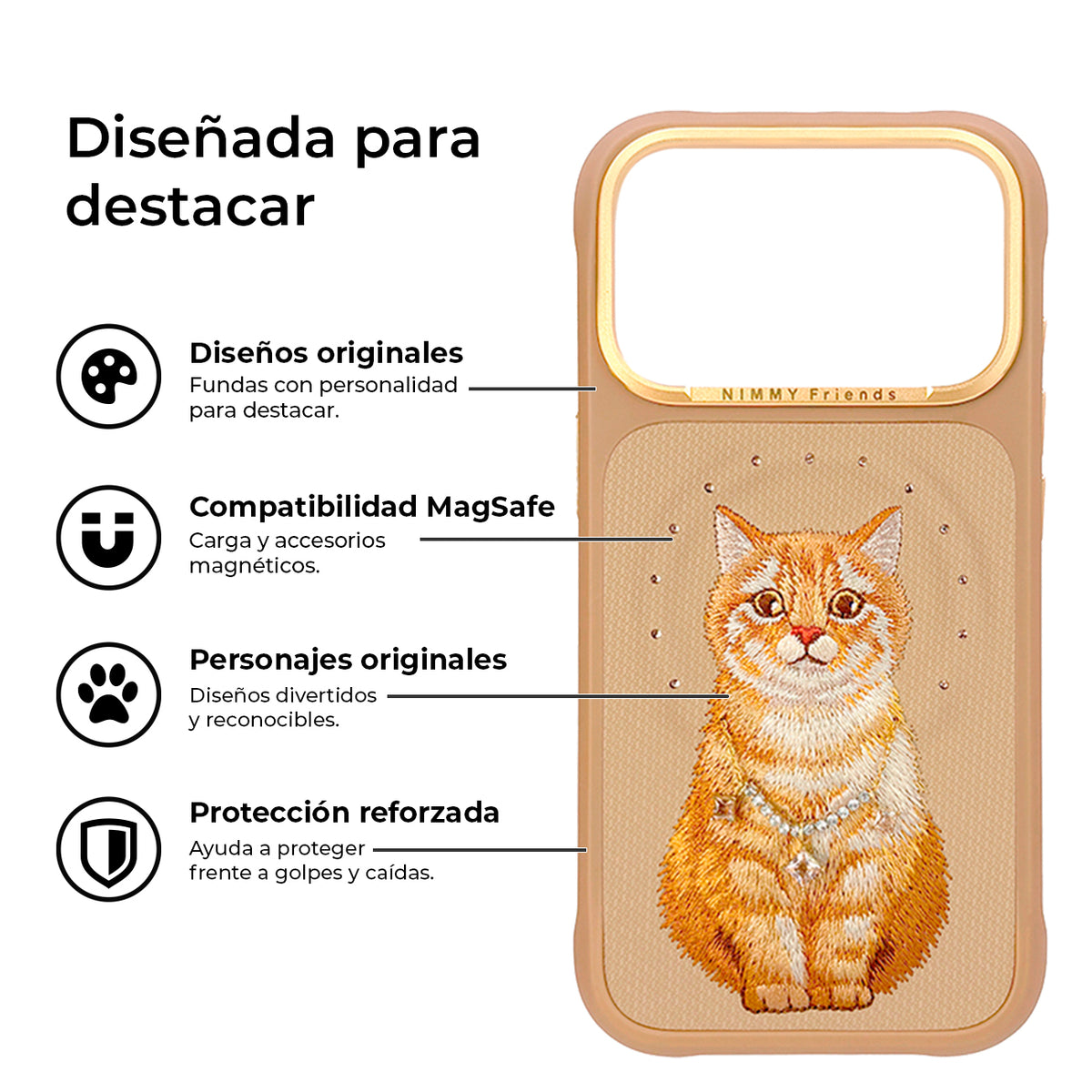 NIMMY Friends Funda Lucky Fashion Series para iPhone 17 Pro Max/18 Pro Max, 3D Bordada, Brown Orange Tabby Cat
