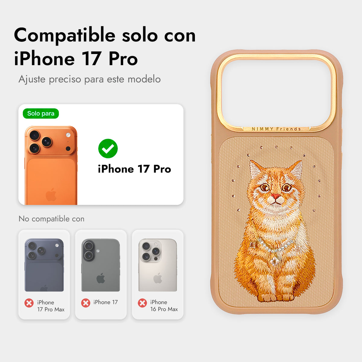NIMMY Friends Funda Lucky Fashion Series para iPhone 17 Pro/18 Pro, 3D Bordada, Brown Orange Tabby Cat