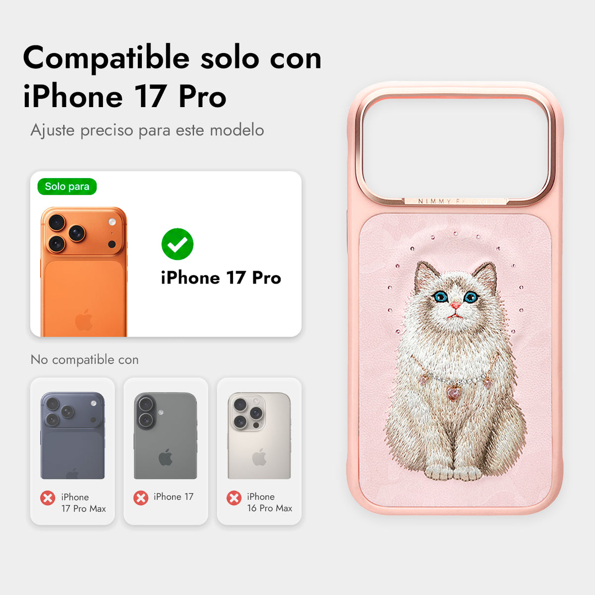 NIMMY Friends Funda Lucky Fashion Series para iPhone 17 Pro/18 Pro, 3D Bordada, Pink Ragdoll