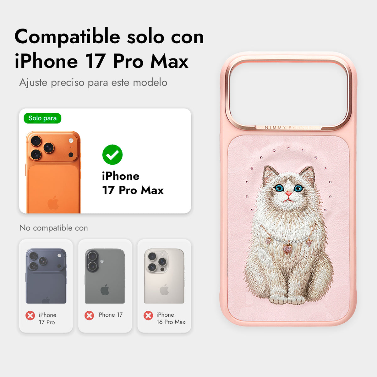 NIMMY Friends Funda Lucky Fashion Series para iPhone 17 Pro Max/18 Pro Max, 3D Bordada, Pink Ragdoll