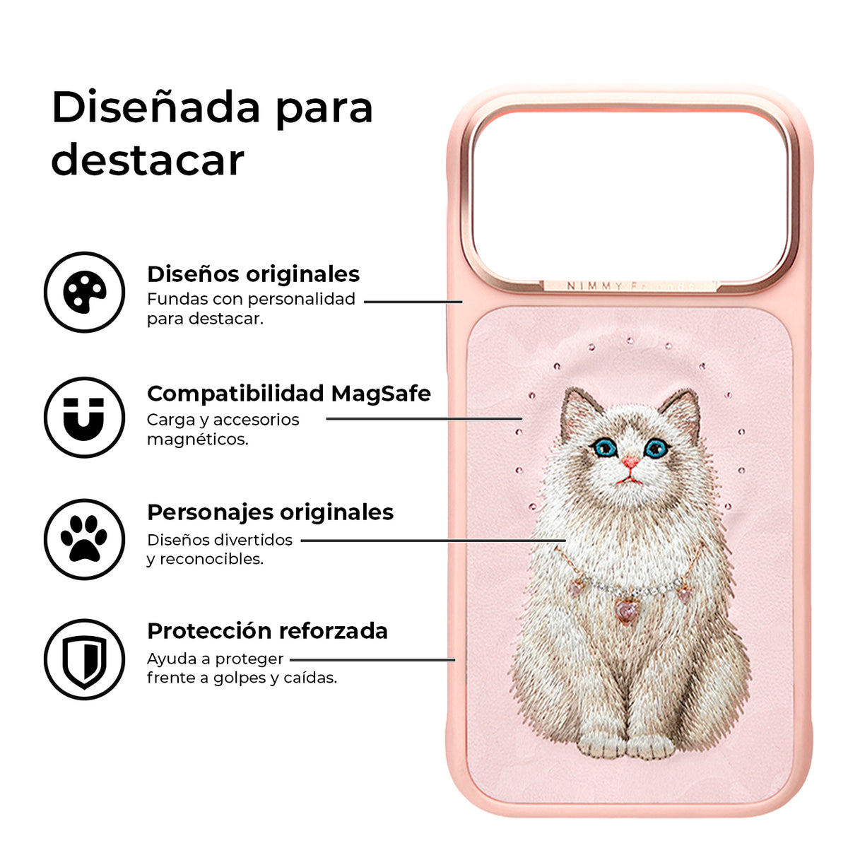 NIMMY Friends Funda Lucky Fashion Series para iPhone 17 Pro Max/18 Pro Max, 3D Bordada, Pink Ragdoll