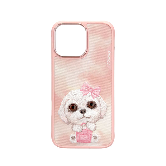 NIMMY Friends Funda New Big-Eye Cute Pets 2.0 para iPhone 16 Pro, 3D Bordada, Pink Bichon Frise