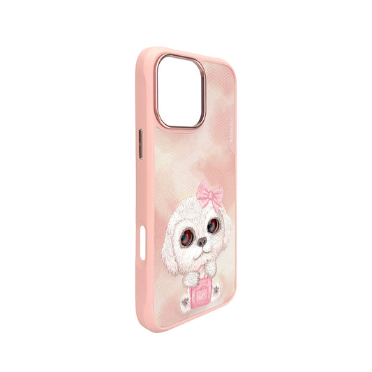 NIMMY Friends Funda New Big-Eye Cute Pets 2.0 para iPhone 16 Pro, 3D Bordada, Pink Bichon Frise