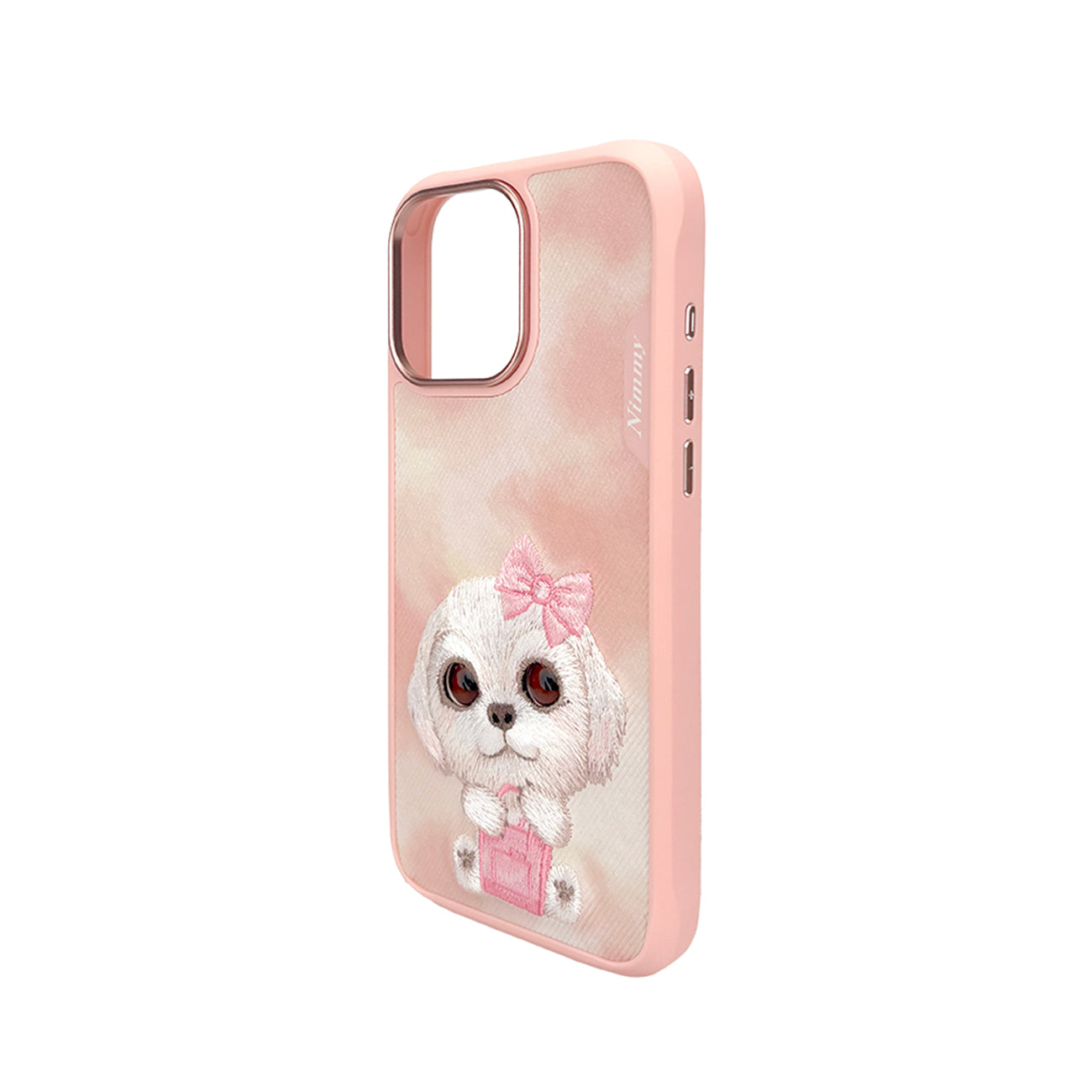 NIMMY Friends Funda New Big-Eye Cute Pets 2.0 para iPhone 16 Pro, 3D Bordada, Pink Bichon Frise
