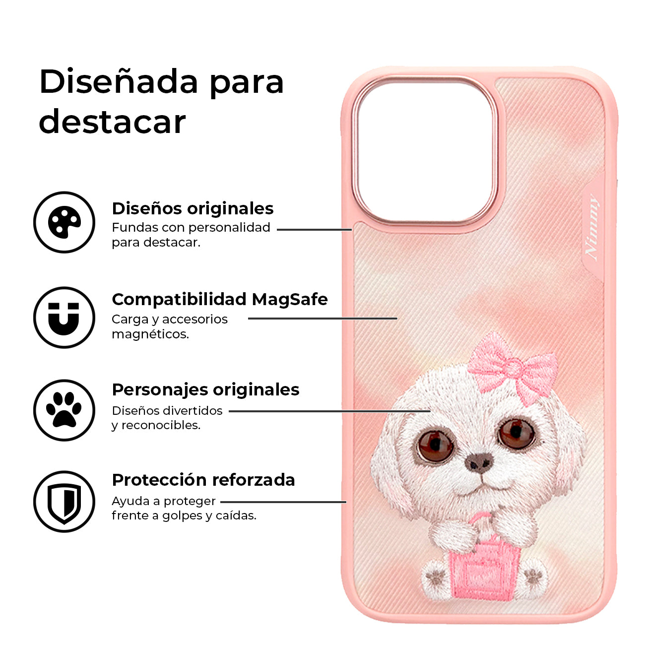 NIMMY Friends Funda New Big-Eye Cute Pets 2.0 para iPhone 16 Pro, 3D Bordada, Pink Bichon Frise