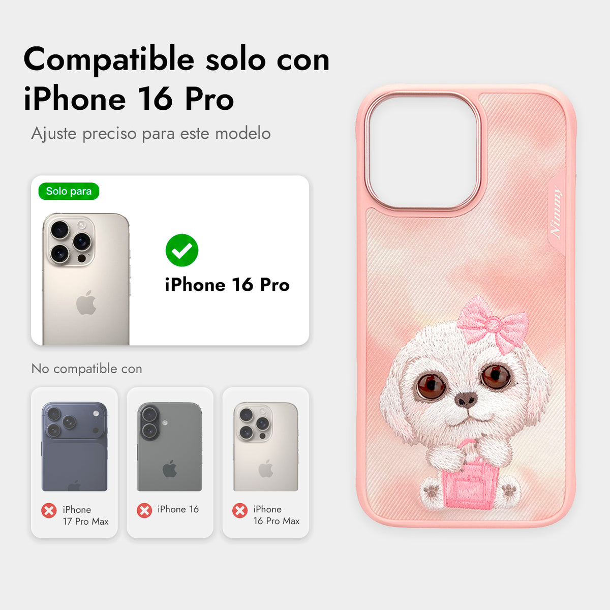 NIMMY Friends Funda New Big-Eye Cute Pets 2.0 para iPhone 16 Pro, 3D Bordada, Pink Bichon Frise
