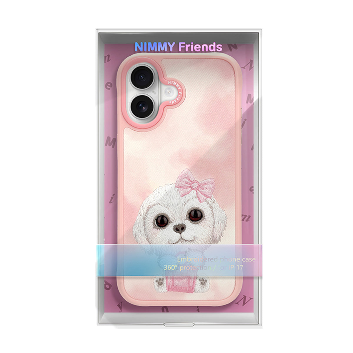 NIMMY Friends Funda New Big-Eye Cute Pets 2.0 para iPhone 17, 3D Bordada, Pink Bichon Frise