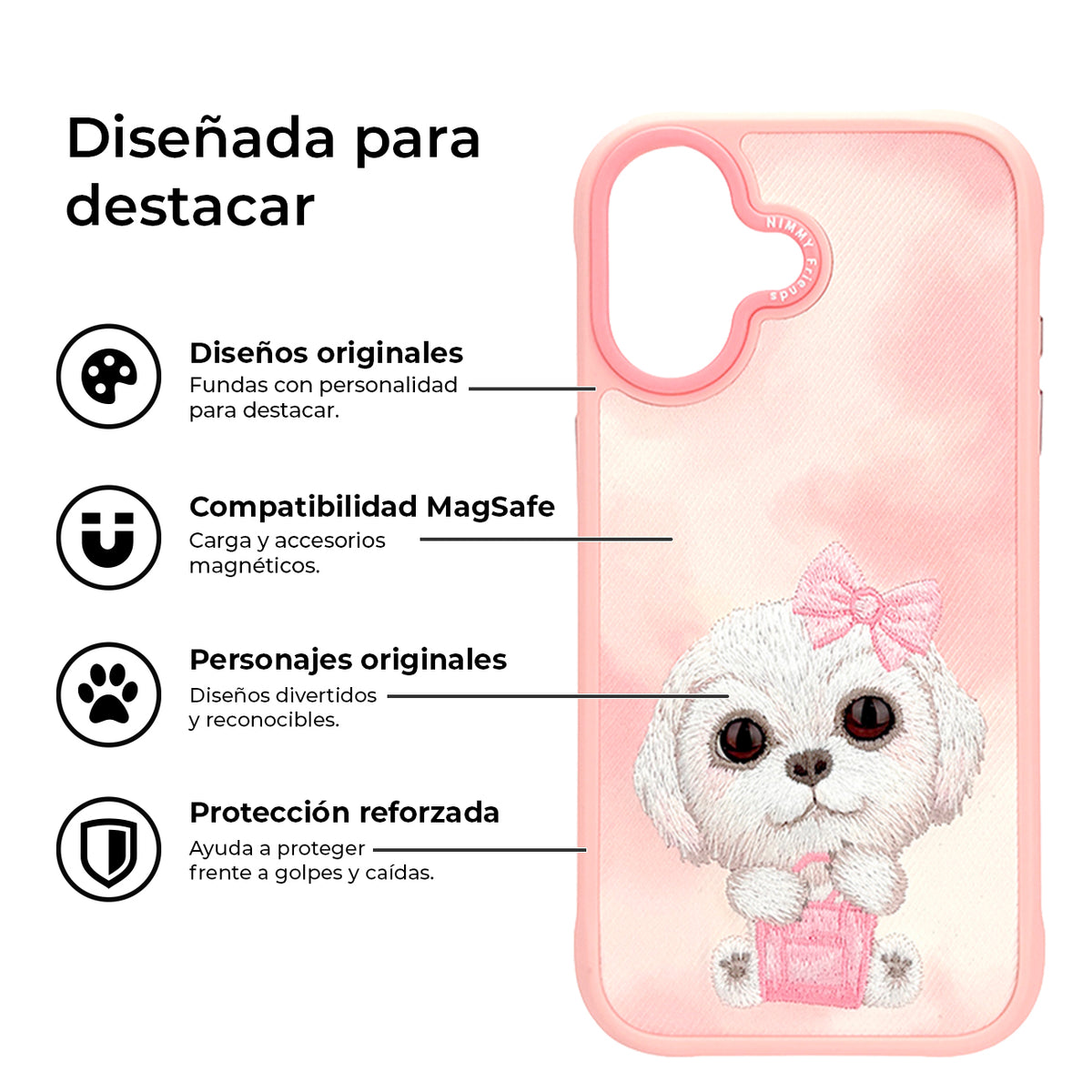 NIMMY Friends Funda New Big-Eye Cute Pets 2.0 para iPhone 17, 3D Bordada, Pink Bichon Frise