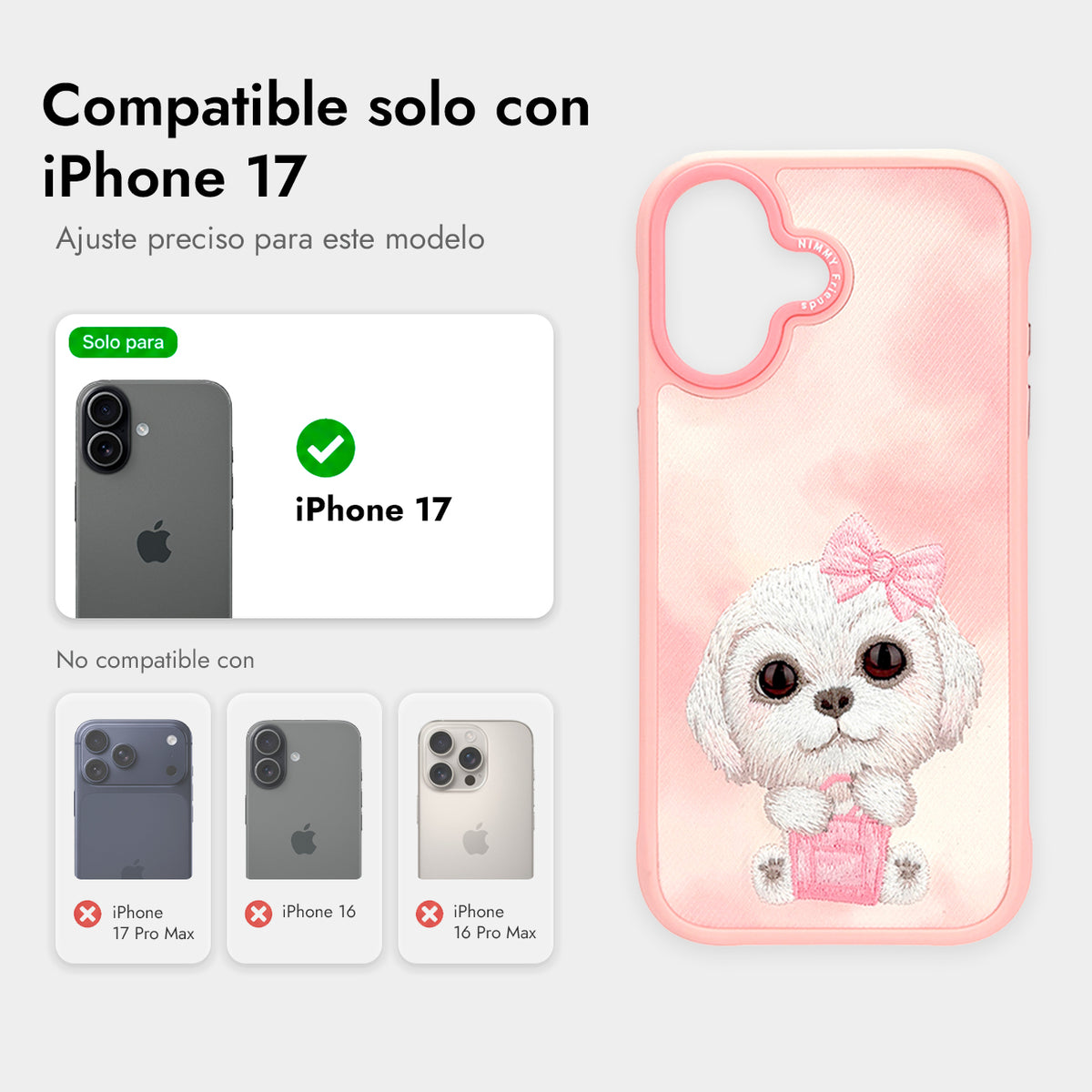 NIMMY Friends Funda New Big-Eye Cute Pets 2.0 para iPhone 17, 3D Bordada, Pink Bichon Frise