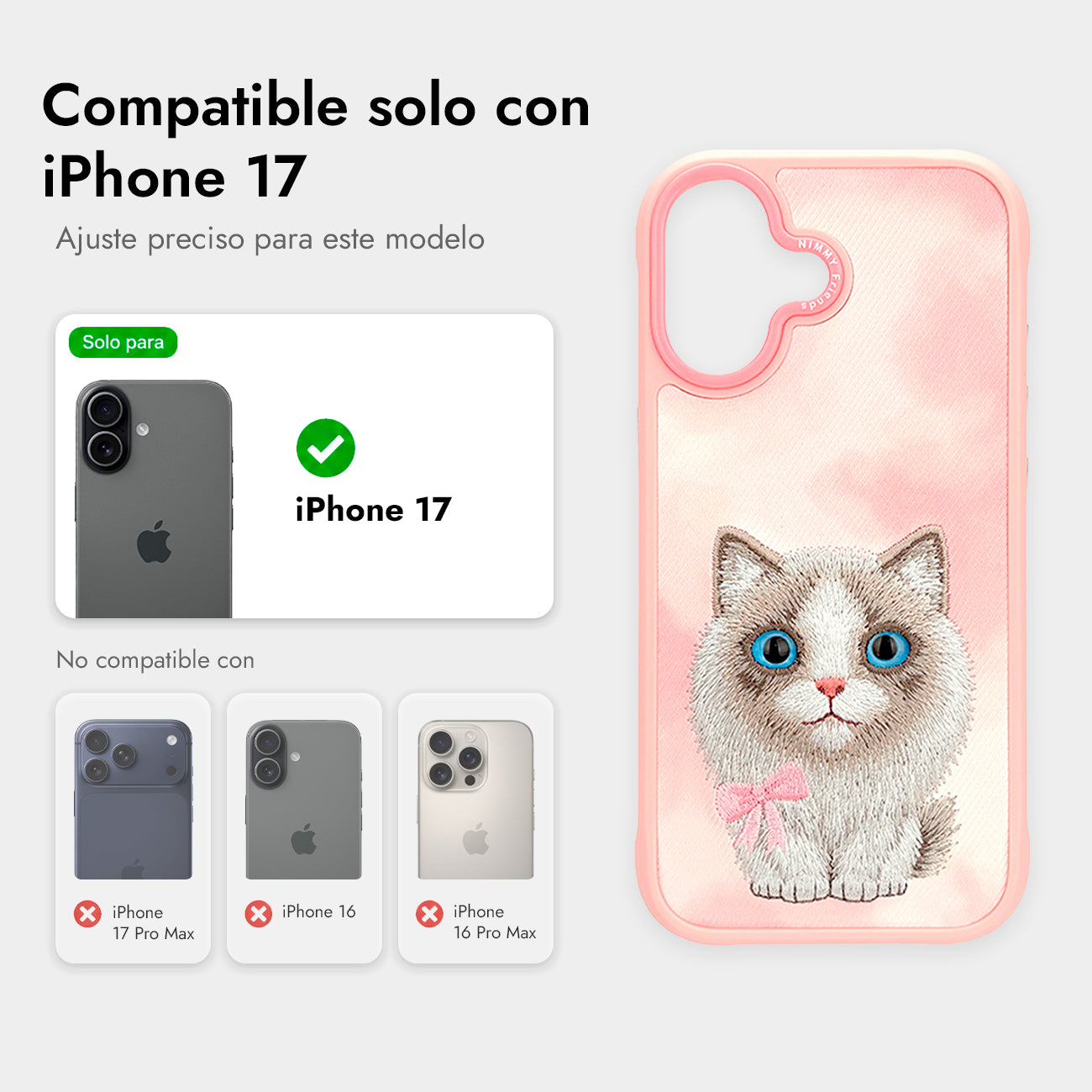 NIMMY Friends Funda New Big-Eye Cute Pets 2.0 para iPhone 17, 3D Bordada, Pink Ragdoll