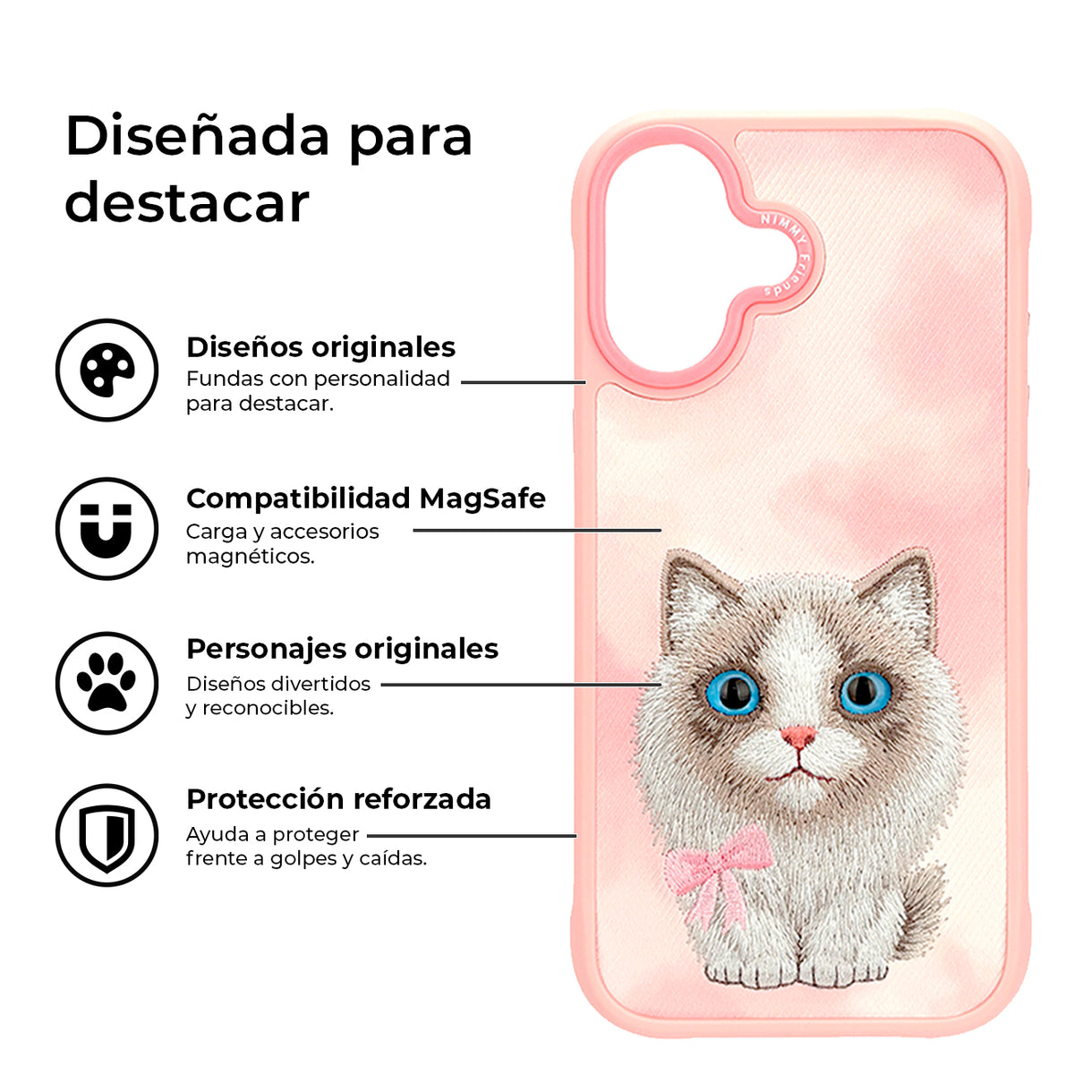 NIMMY Friends Funda New Big-Eye Cute Pets 2.0 para iPhone 17, 3D Bordada, Pink Ragdoll