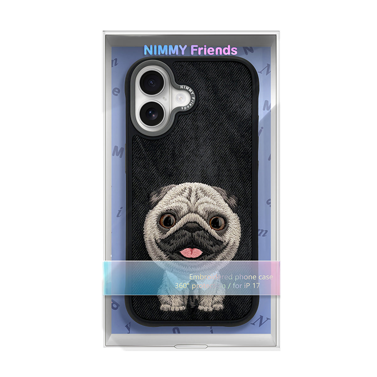 NIMMY Friends Funda New Big-Eye Cute Pets 2.0 para iPhone 17, 3D Bordada, Black Pug
