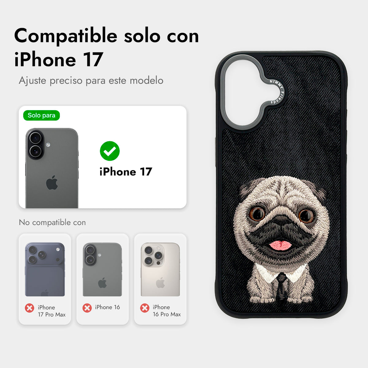 NIMMY Friends Funda New Big-Eye Cute Pets 2.0 para iPhone 17, 3D Bordada, Black Pug