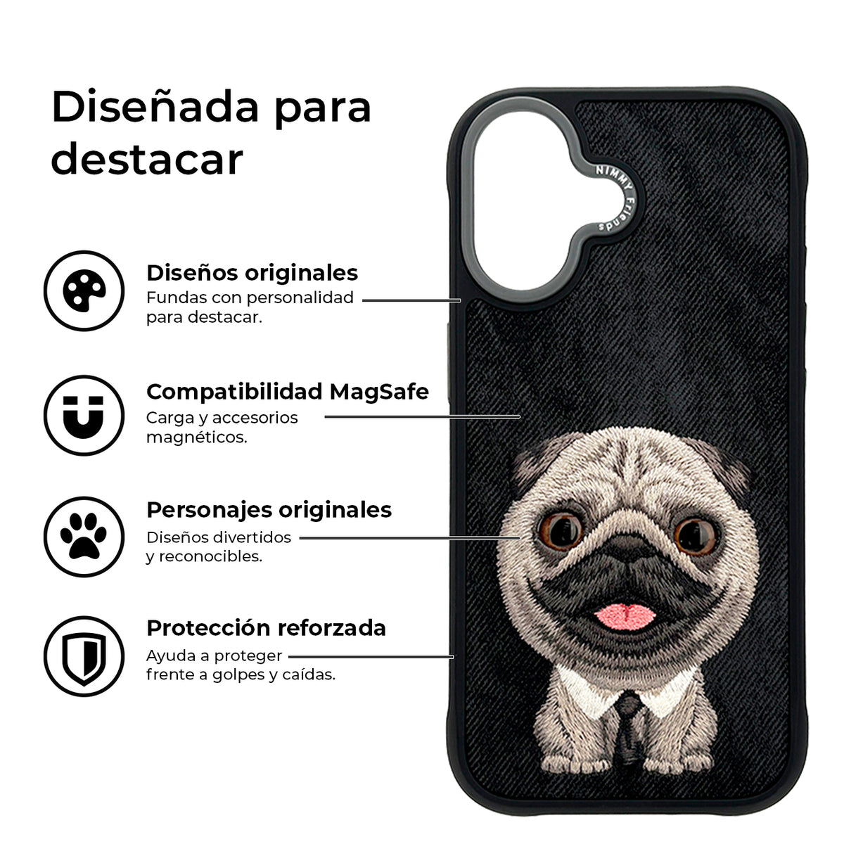 NIMMY Friends Funda New Big-Eye Cute Pets 2.0 para iPhone 17, 3D Bordada, Black Pug