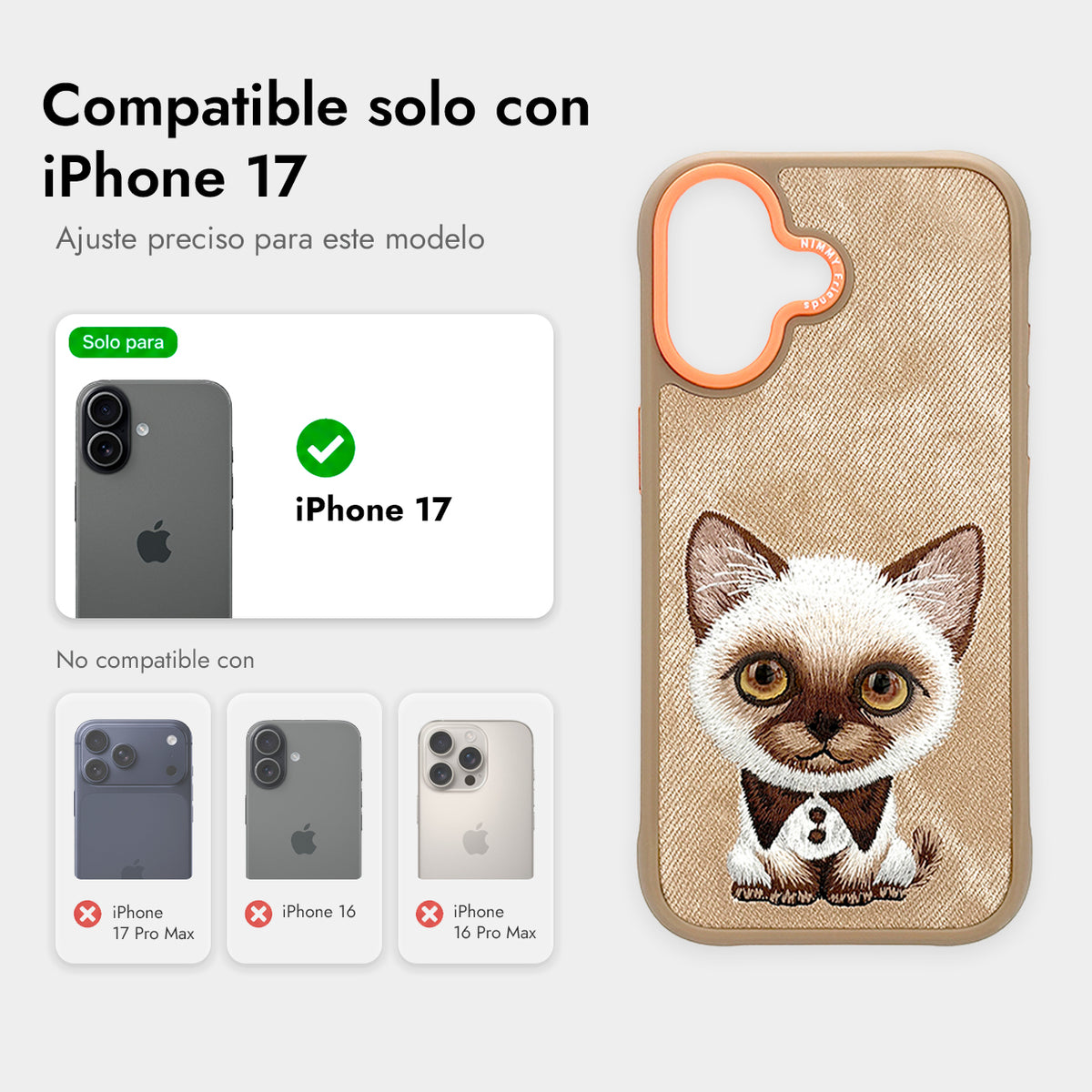 NIMMY Friends Funda New Big-Eye Cute Pets 2.0 para iPhone 17, 3D Bordada, Brown Siamese Cat