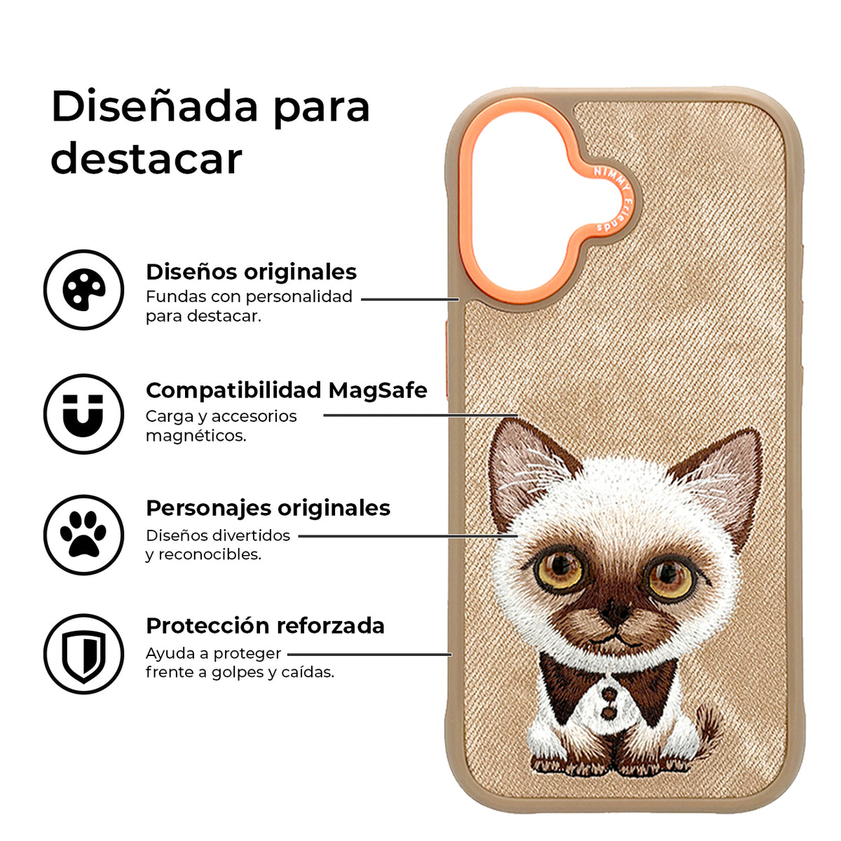 NIMMY Friends Funda New Big-Eye Cute Pets 2.0 para iPhone 17, 3D Bordada, Brown Siamese Cat