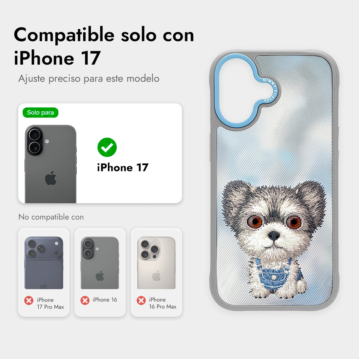 NIMMY Friends Funda New Big-Eye Cute Pets 2.0 para iPhone 17, 3D Bordada, Gray Yorkie