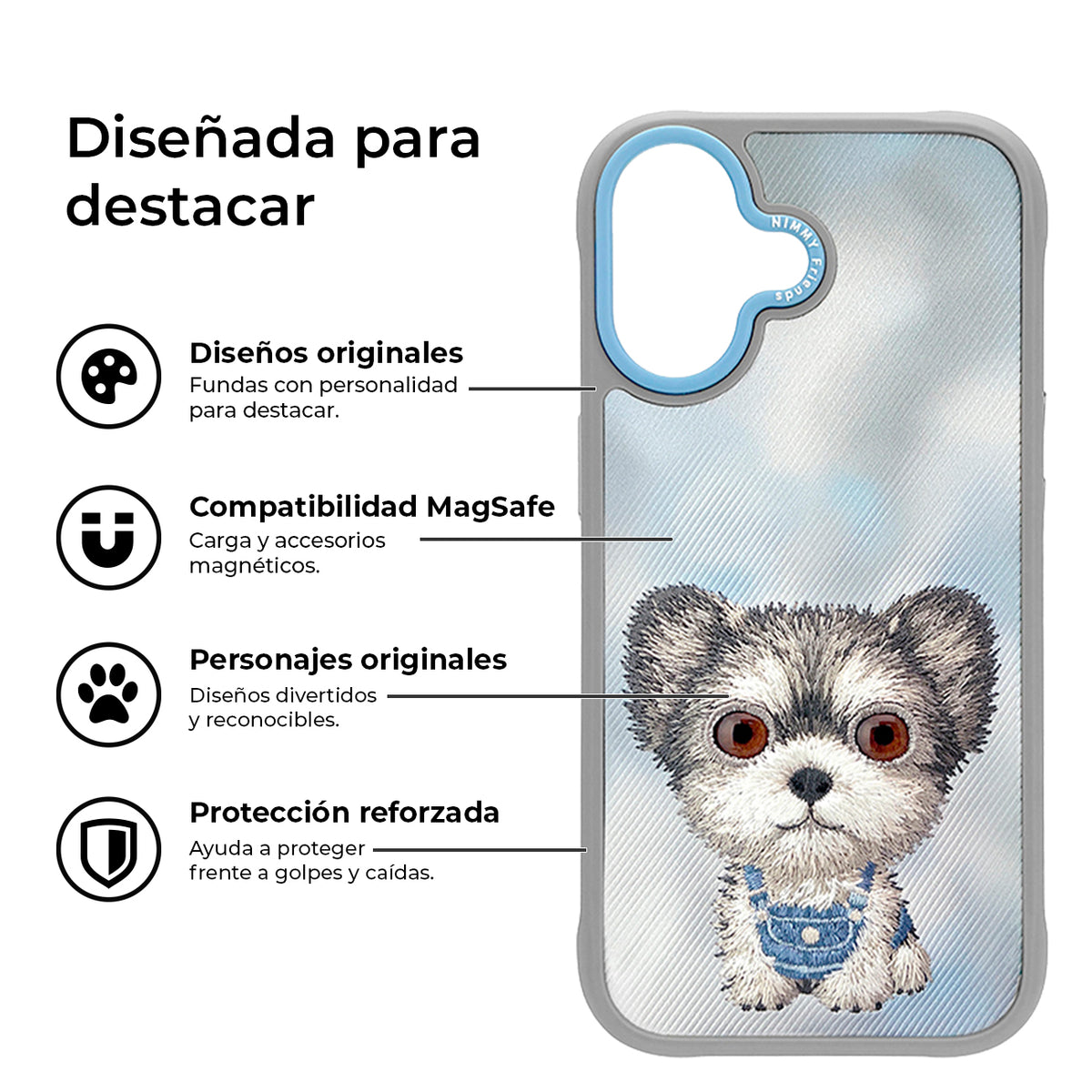 NIMMY Friends Funda New Big-Eye Cute Pets 2.0 para iPhone 17, 3D Bordada, Gray Yorkie