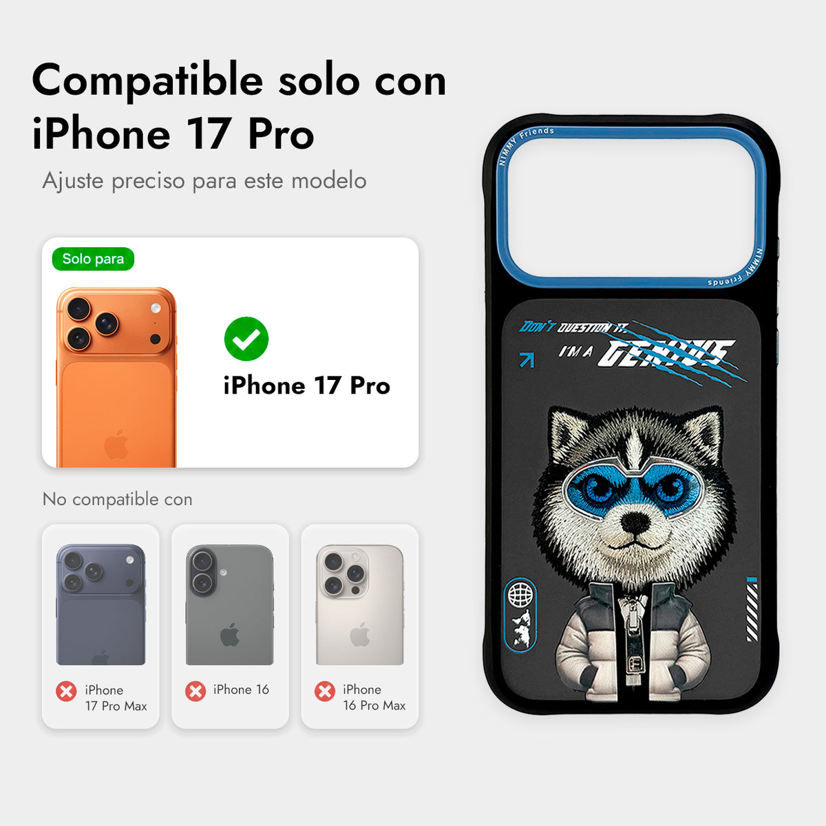 NIMMY Friends Funda Husky Cool and Cute 2.0 para iPhone 17 Pro/18 Pro, 3D Bordada