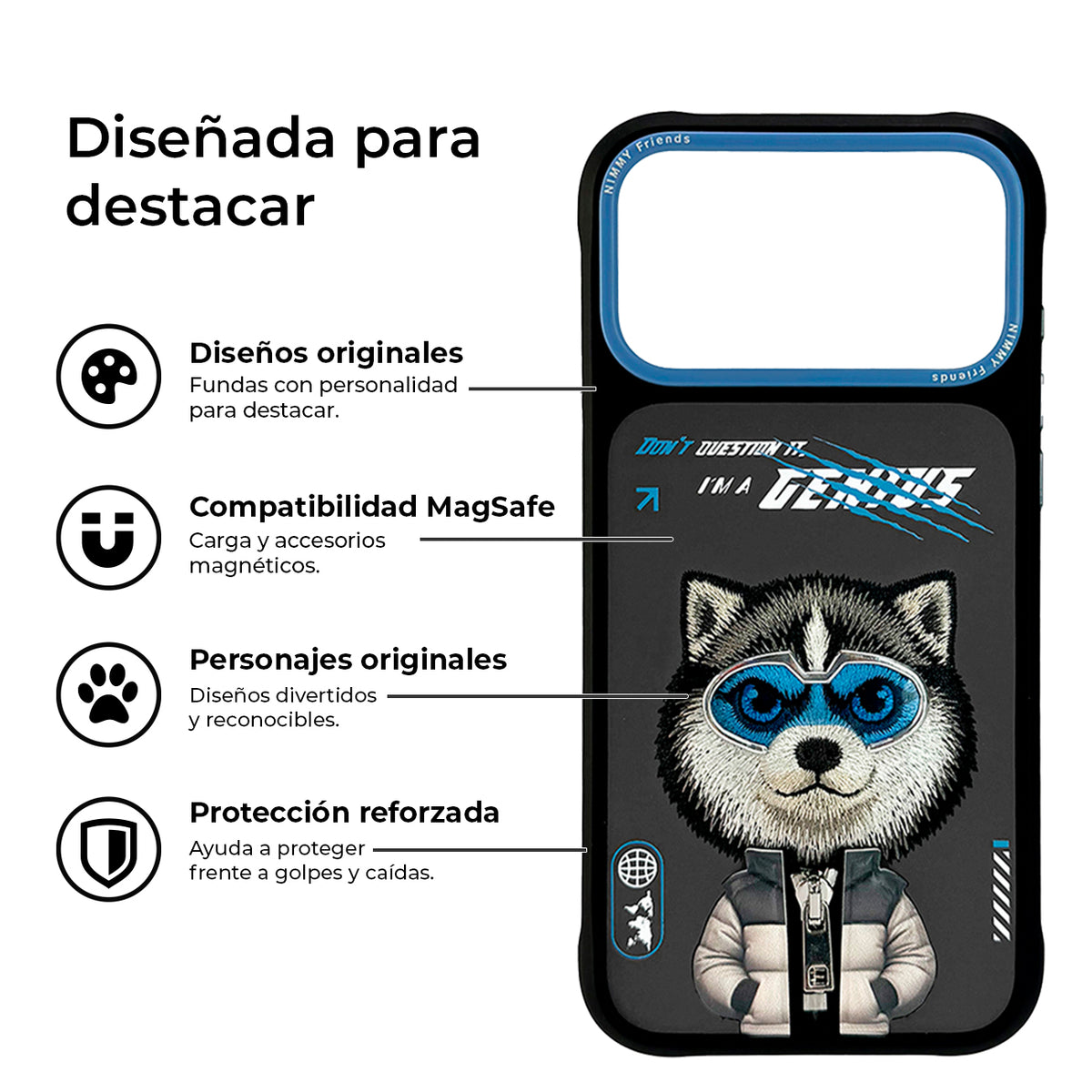 NIMMY Friends Funda Husky Cool and Cute 2.0 para iPhone 17 Pro/18 Pro, 3D Bordada