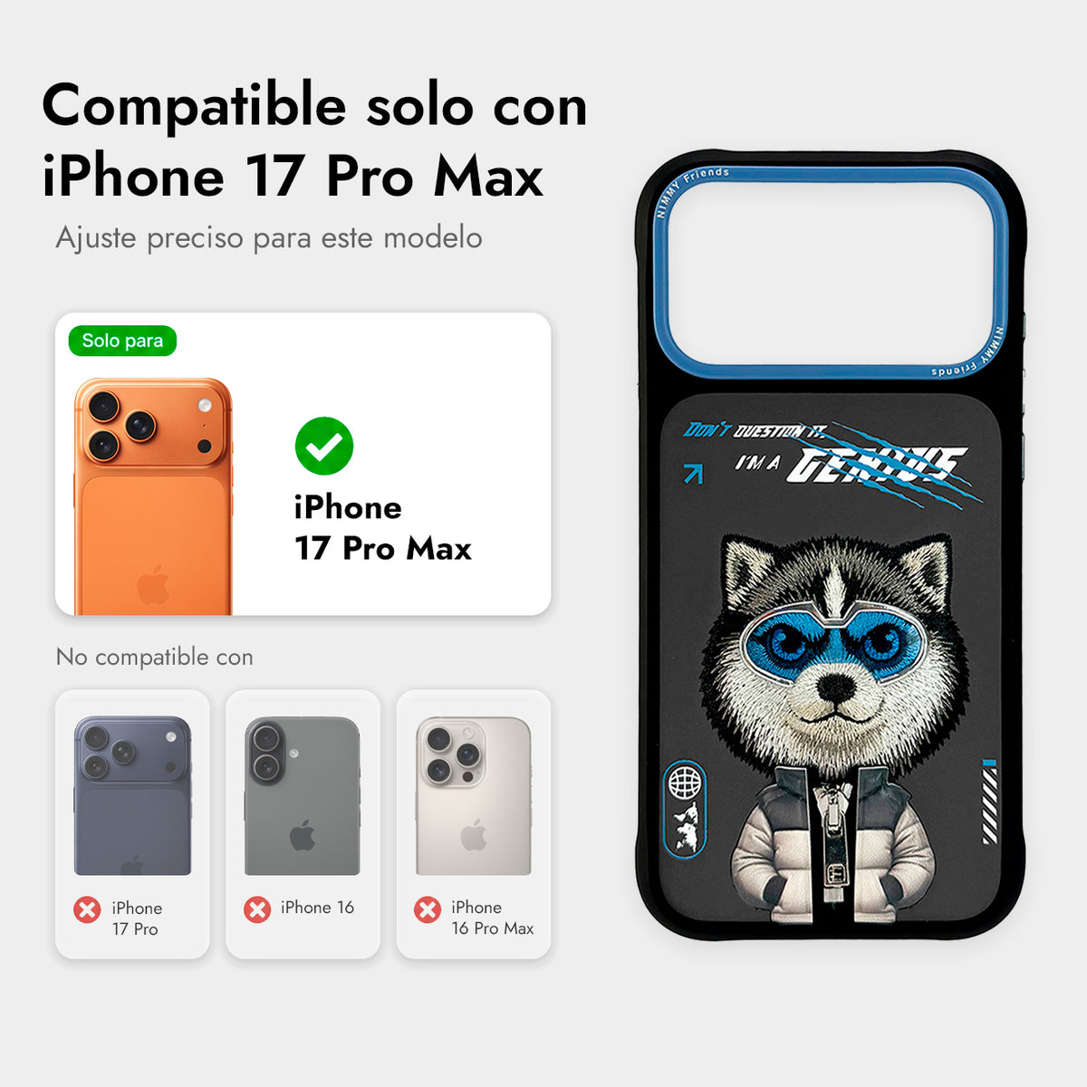 NIMMY Friends Funda Husky Cool and Cute 2.0 para iPhone 17 Pro Max/18 Pro Max, 3D Bordada